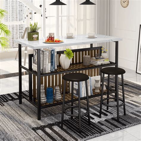 Modern Dining Kitchen Island Set With 2 Stools, 3 Piece Dining Table ...