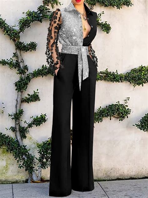 Women's Jumpsuit Lace Gradient Shirt Collar Elegant Party Disco Regular ...