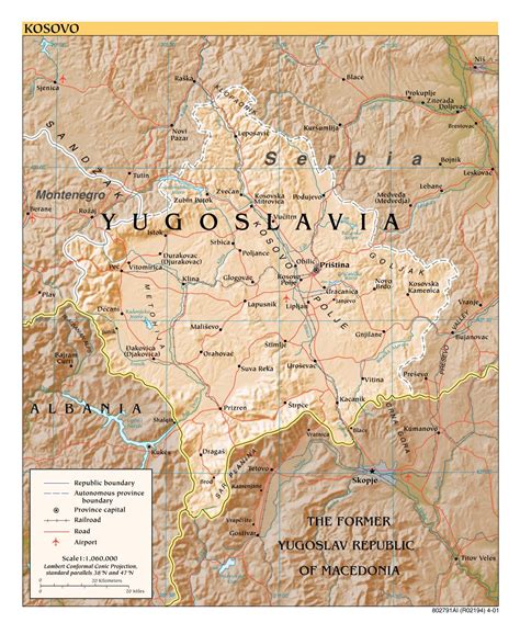 Large detailed political map of Kosovo with relief, roads, railroads, cities and airports - 2001 ...