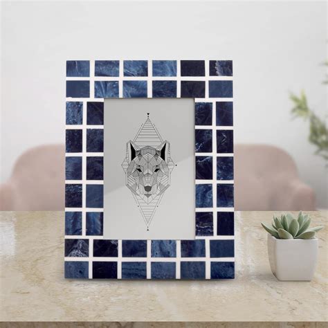 House of Sajja Handcrafted Wooden Table Photo Frame With Blue tiles for ...