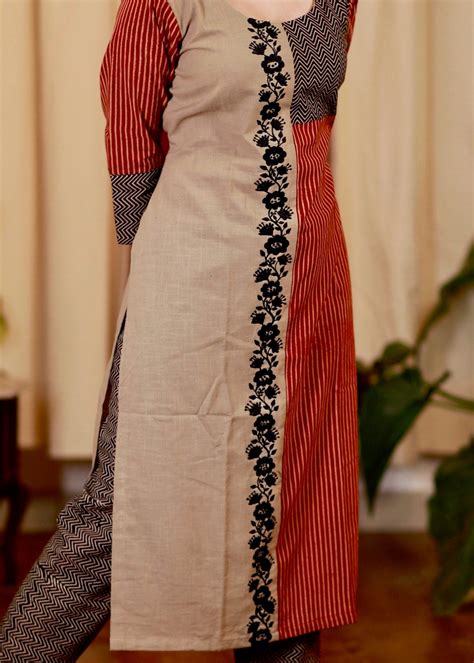 Straight Cut Cotton Ajrakh kurta with Exclusive Full Length Embroidery ...