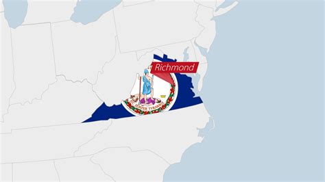 US State Virginia map highlighted in Virginia flag colors and pin of ...