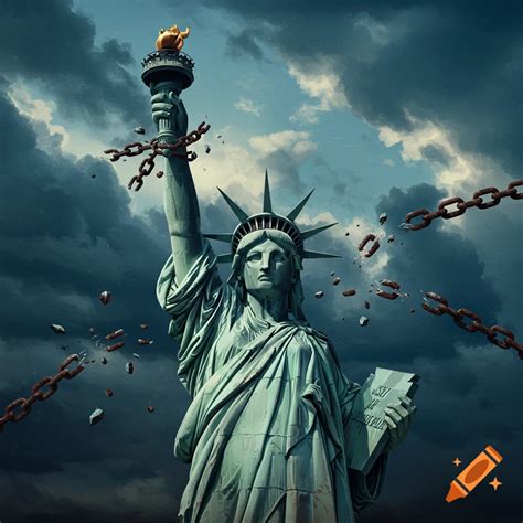 A sad statue of Liberty crying blood tears under a stormy sky, holding ...