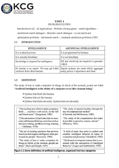 UNIT 1 NOTES: INTRODUCTION TO AI AND PROBLEM SOLVING STRATEGIES - Studocu