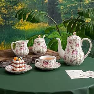 E - Ezra Bone China Flower Printed Tea Set with 6 Cups & Saucer, Tea ...