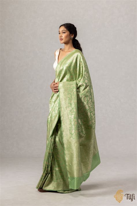 Green Pure Katan Silk Banarasi Shikargah Handloom Saree - Tilfi