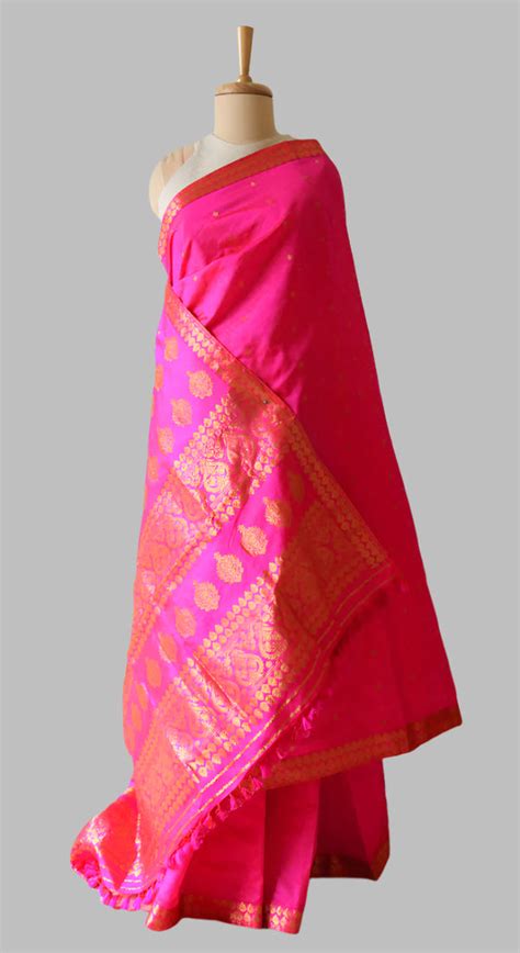 Dark Pink Colour Handloom Mulberry Silk Saree from Assam – korobidesign