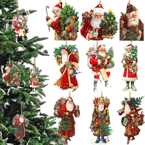 9 Pcs Victorian Style Santa Christmas Tree Ornaments Rustic Santa Claus ...