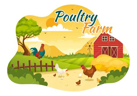 Poultry farm vector illustration with chickens and egg on scenery of ...