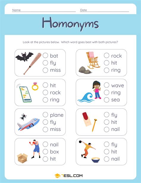 Free Printable Homonym Worksheets: PDF Exercises for Kids & Students • 7ESL