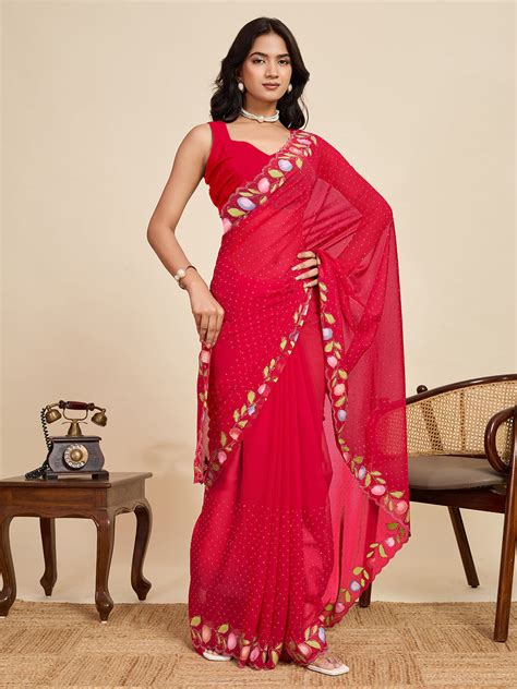 Buy Red Georgette Soft Silk Saree With Blouse Piece 97520 Online | Karagiri