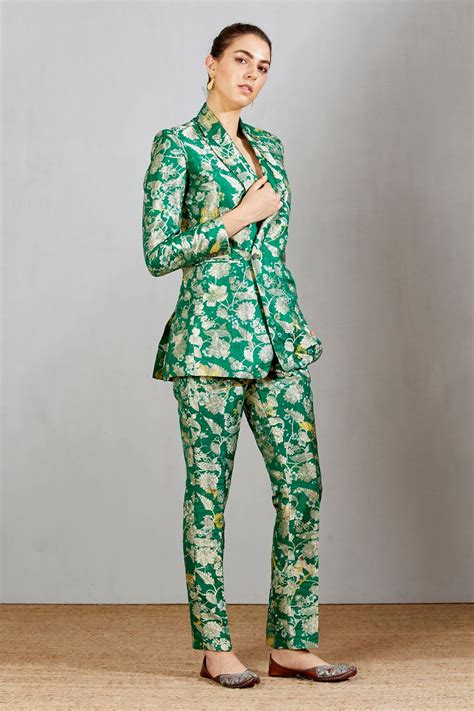 Double Breasted Blazer Silk Brocade Green – SUKETDHIR