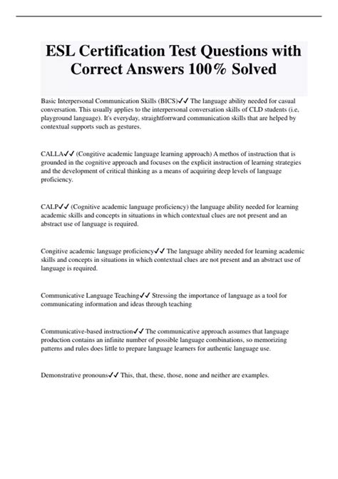 ESL Certification Test Questions with Correct Answers 100% Solved - ESL ...