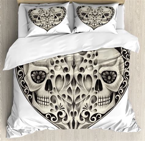 Day of the Dead Duvet Cover Set, Twin Half Design in Heart Shapes ...