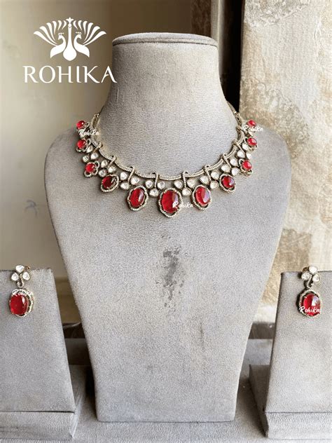 Neema polki kundan necklace set - Red – Rohika Store