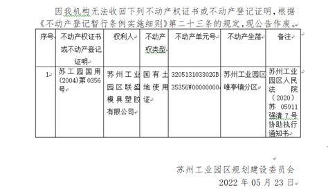 不动产权证书/登记证明作废公告2022（0079）号（苏州工业园区唯亭镇分区） - 规划建设委员会