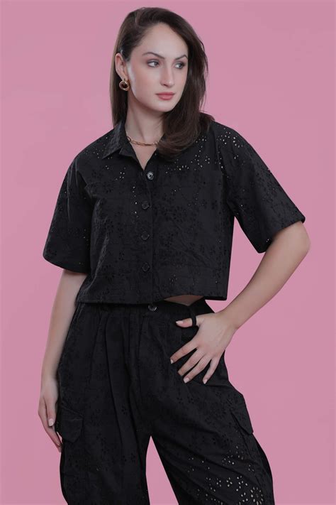 Buy Black Boxy Fit Schiffli Short Sleeve Crop Shirt Lounge Online