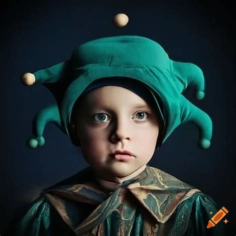 Serious child in formal court jester costume on Craiyon