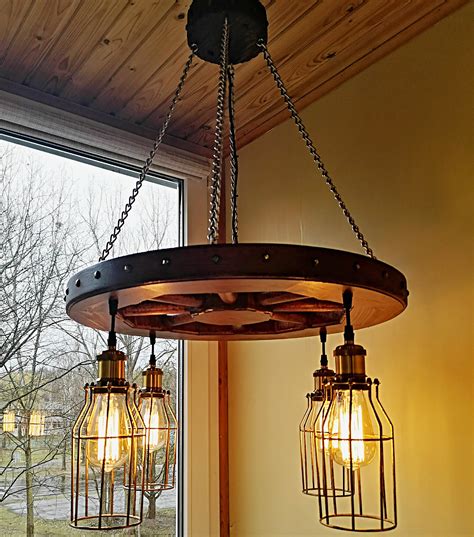 Rustic Lighting - Wagon Wheel Chandelier Industrial Pendant Light Wood ...