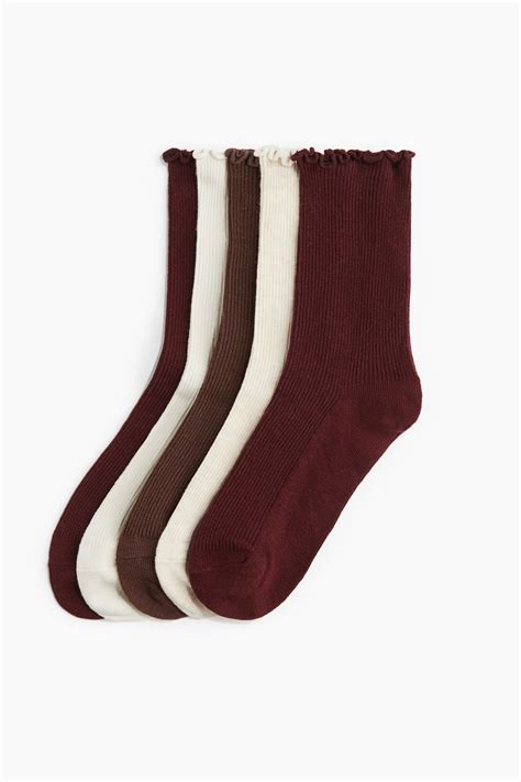 5-pack rib-knit socks - Burgundy/Dark brown/Cream - Ladies | H&M IN