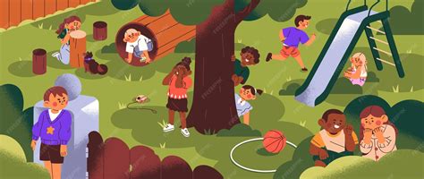 Happy children play hide and seek outdoors kids have fun on playground ...