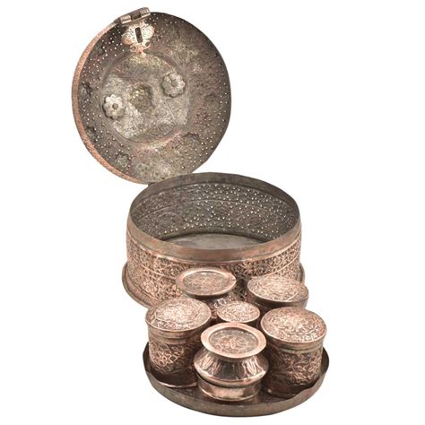 Embossed Or Carved Jali Design Copper Indian Pandaan With Lock Handle