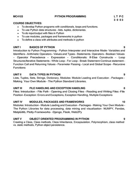 MC4103 syllabus - MC4103 PYTHON PROGRAMMING L T P C 3 0 0 3 COURSE ...