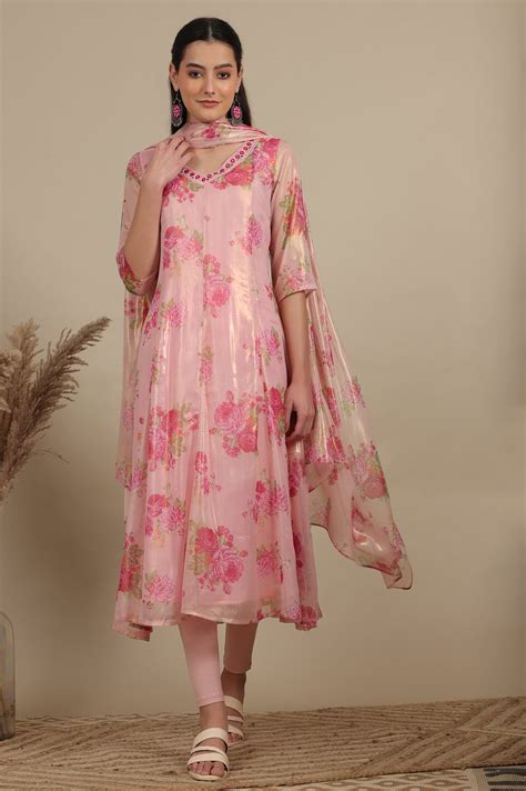 Buy Apricot Pink Floral Printed Sheer Anarkali Kurta, Leggings and ...
