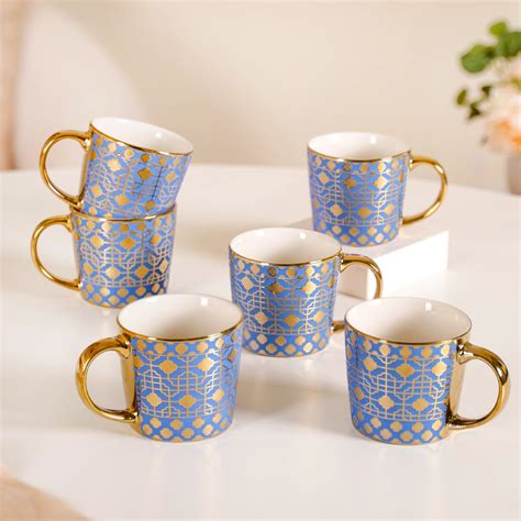 Lavish Gold Teacup Set of 6 Blue 280ml Online - Premium Coffee Mug ...