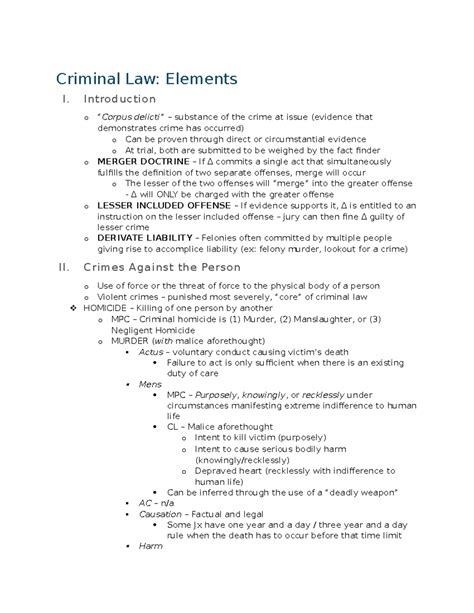 Elements Chart - Criminal Law: Elements I. Introduction o “Corpus ...