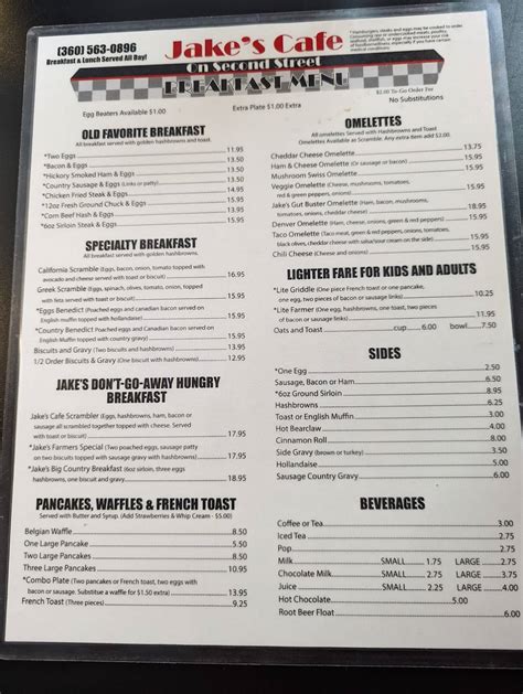 Menu at Jake's Cafe on 2nd Street, Snohomish