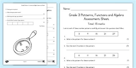 Gr3 Maths T4 Patterns, Functions and Algebra Assessment Sheet (CAPS)