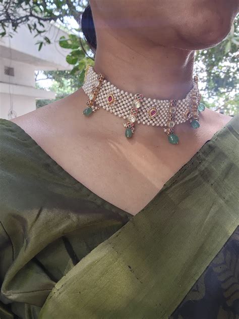 Pearls Patti Choker With Kundan & Green Beads | House Of Taamara ...