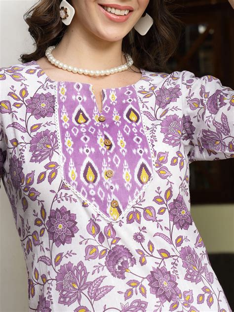 Stylum Women's Lavender Floral Printed Cotton Straight Kurta Pant Dupa ...