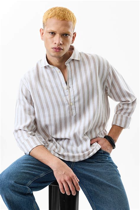 Buy Men's Regular Fit Linen Blend Stripes Beige Kurta Shirt Online ...