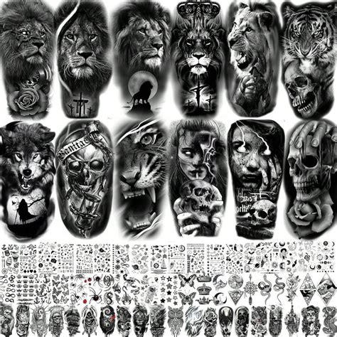 70 Folhas de Tatuagem Temporária Realista 3D de Lobo, Tigre, Leão no ...