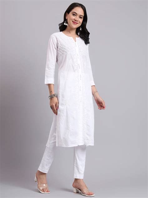 Buy White Chikankari Straight Kurta – Paramount Chikan