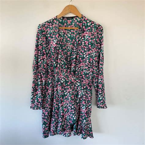 Zara Green Pink Floral Long SLeeve Wrap Mini Dress Size XL (s)