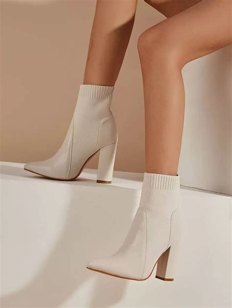 Elegant Beige Solid Color Elastic Ankle Boots With Chunky Heel ...