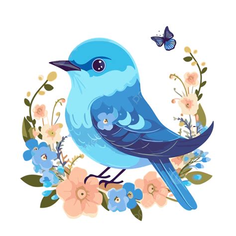 Bluebird Clipart Blauer Vogel Mit Blumen Und Schmetterlingen Auf Einem ...