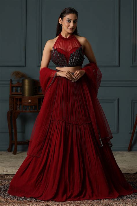 Buy Red Halter Neck Lehenga Set by Art-i Design Studio