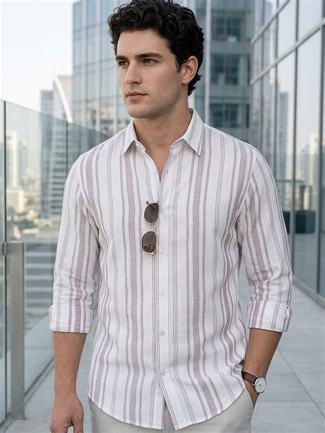 Men's Lilac Cotton Full Sleeve Relaxed Fit Linen Striped Shirt with Sp ...
