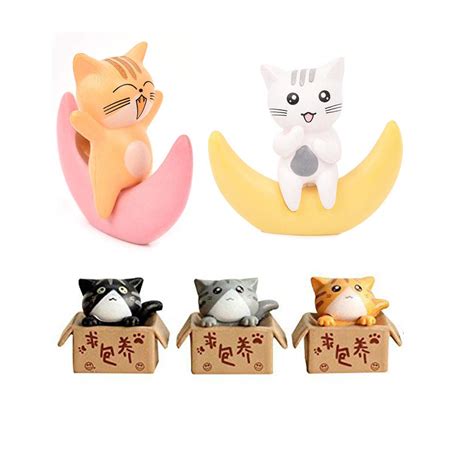 Neko 5pcs Miniature Cats in Boxes & Crescent Moon Figurines - Micro ...