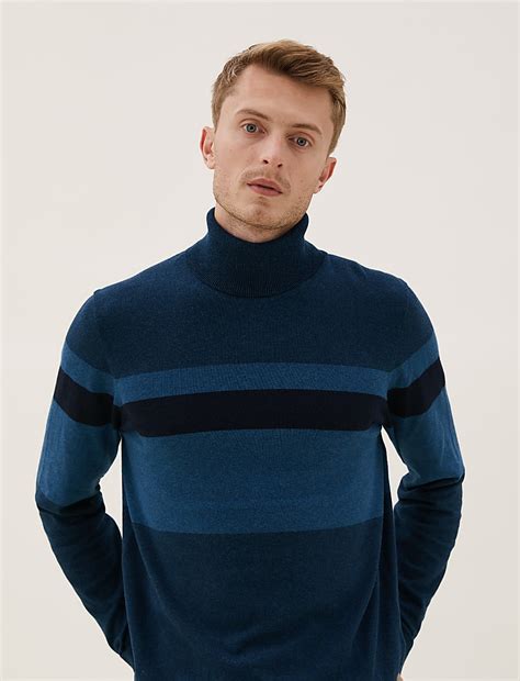 Buy Cotton Rich Chest Stripe Roll Neck Jumper at Marks & Spencer