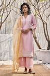 Buy Pink Kurta Chanderi Hand Embroidered And Embellished Thread V Neck ...
