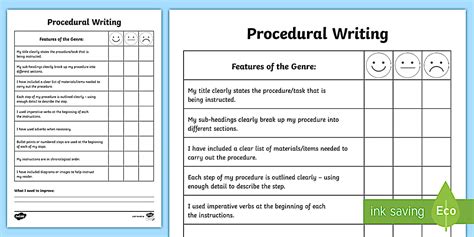 Procedural Writing Self Assessment Worksheet