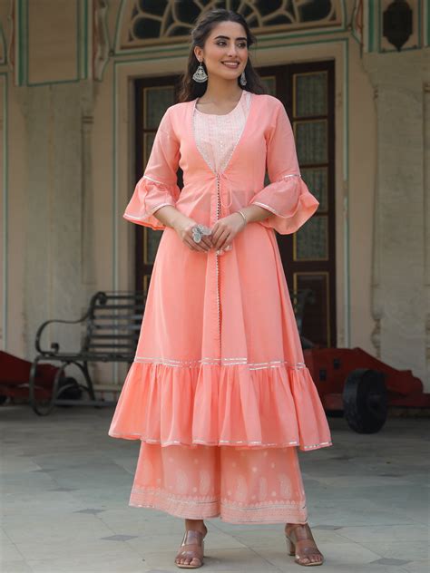 Peach Ethnic Motif Crop Top & Palazzo Set with Shrug | Juniper Fashion