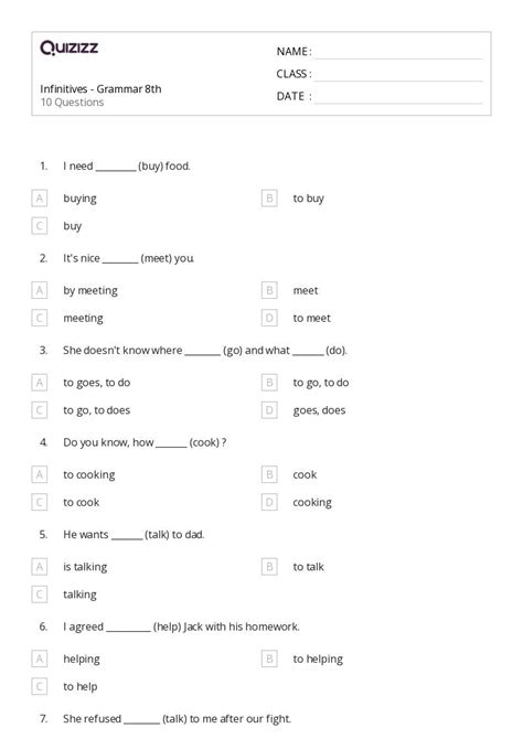 50+ Infinitives worksheets for 8th Class on Quizizz | Free & Printable