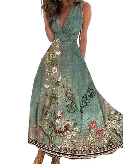 Julycc Womens Cocktail Evening Party Long Gown Sleeveless V Neck Floral ...