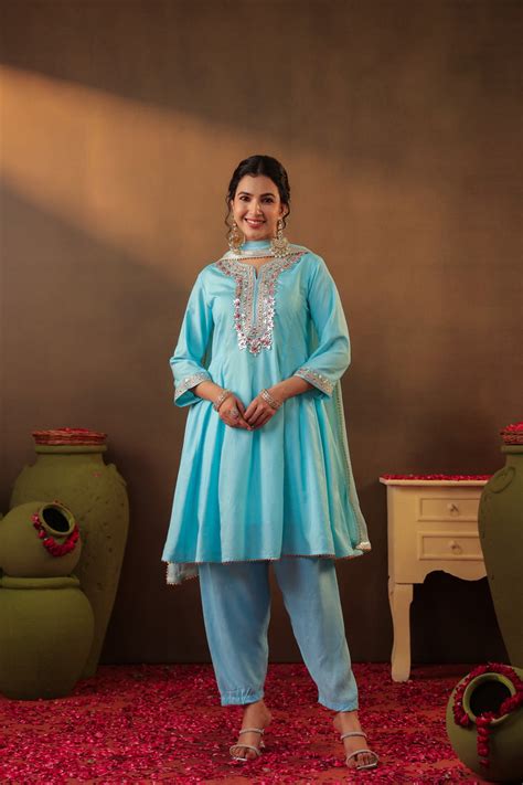 Aqua Chanderi Silk Gota Patti Work Anarkali Suit Set – SCAKHI